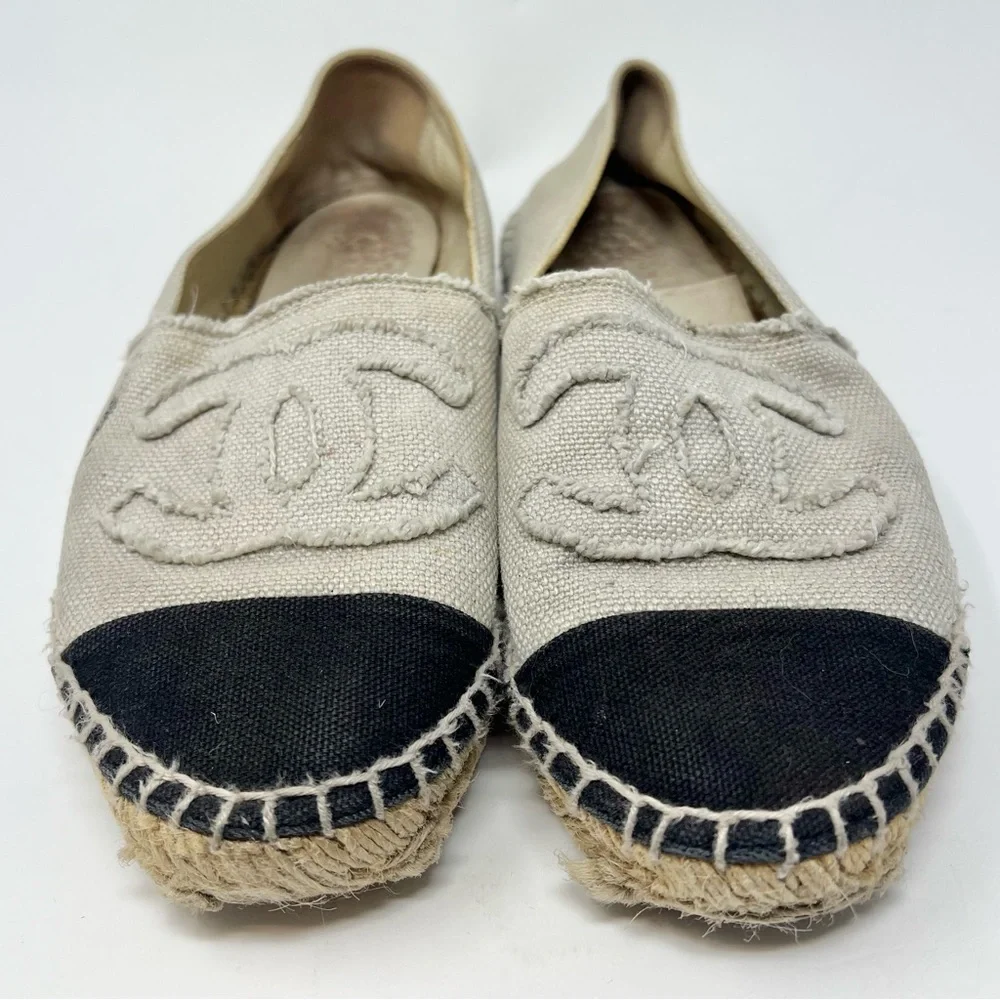 CHANEL Cloth Two-Tone Espadrilles Size 37 7 Cream and Black Designer Distressed